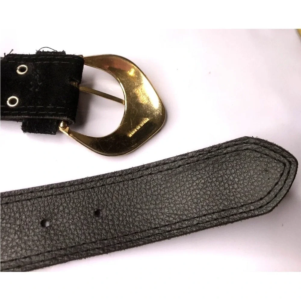MVtg Benjo Womens Belt Black Leather Animal Print Gold Metal Squares Studs